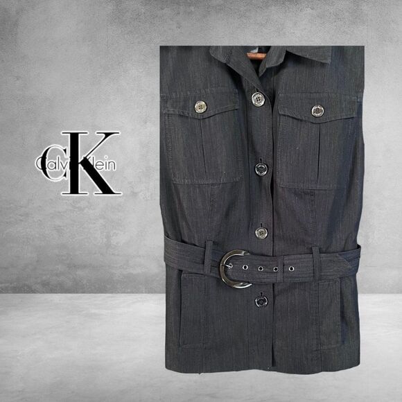 Calvin Klein Denim Stretch Belted Sleeveless Vest, Black, Gunmetal Accents, Sz.2 - Picture 7 of 12